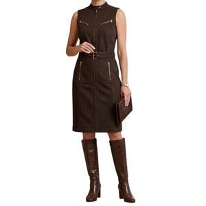 Lauren Ralph Lauren Chocolate Brown Denim Zip Front Belted Moto Midi Dress 6